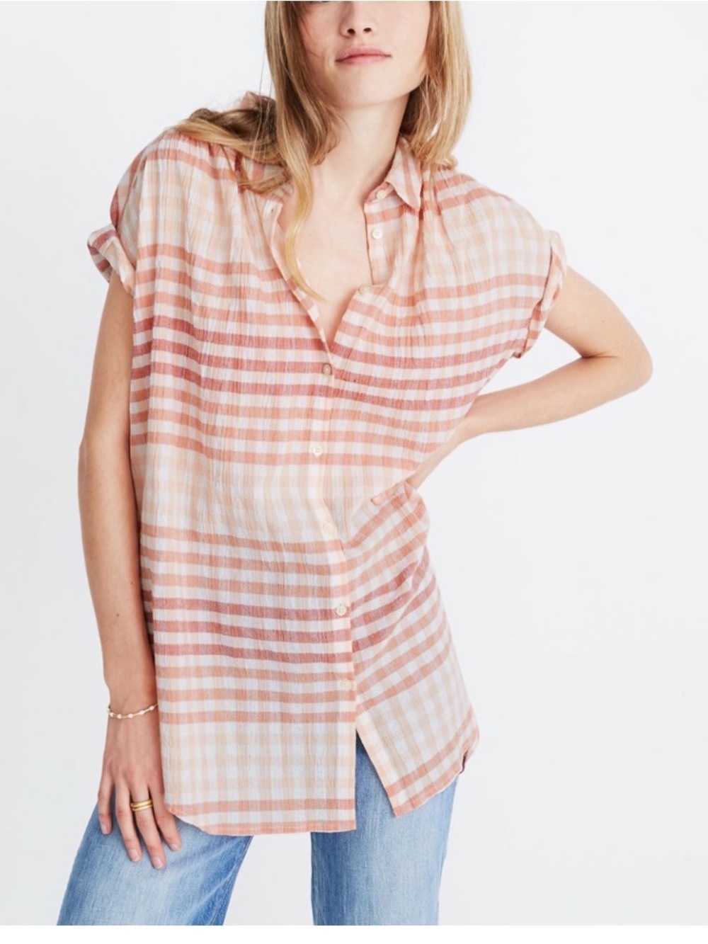 Madewell Central Tunic Shirt White Pink Gingham Size M
